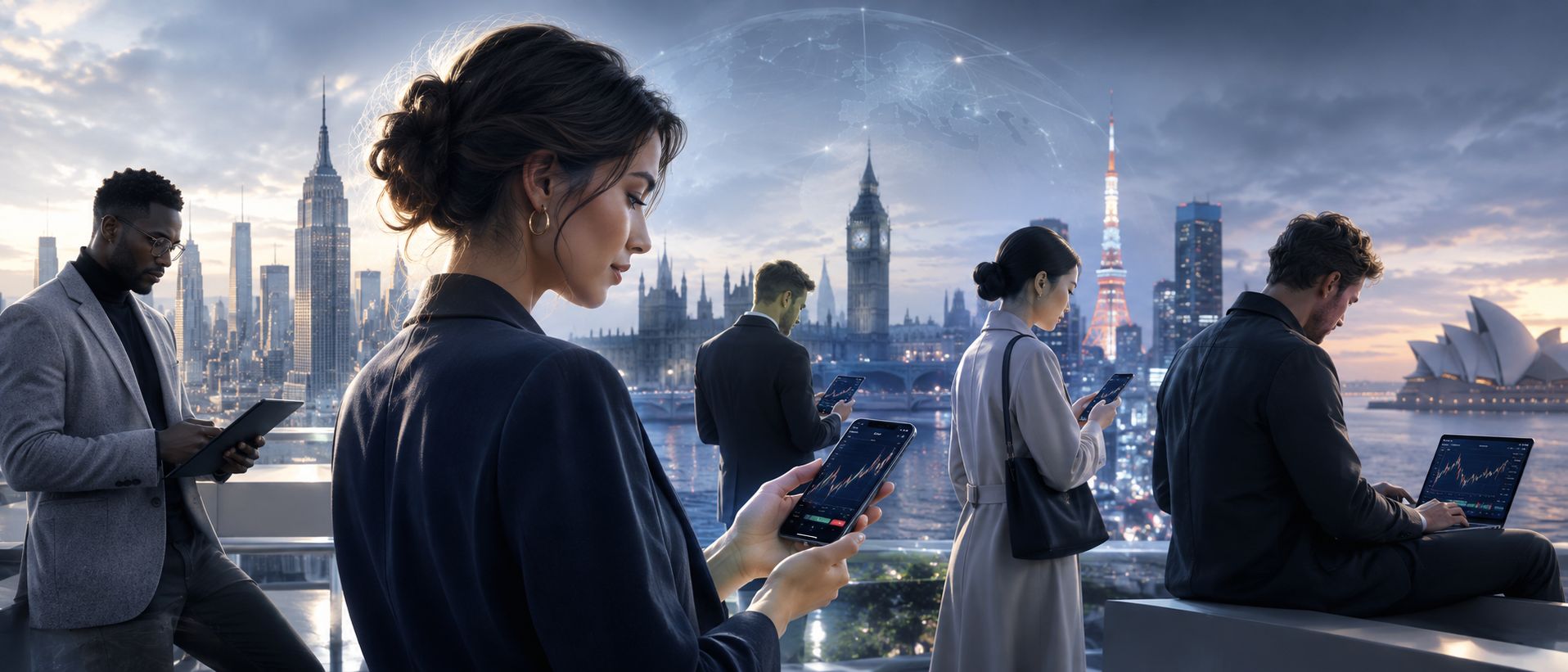 Diverse professionals in different world cities checking a trading app