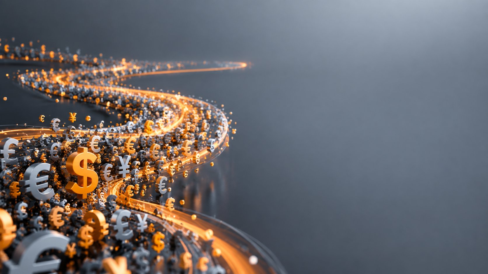 Flowing river of light made of tiny currency symbols