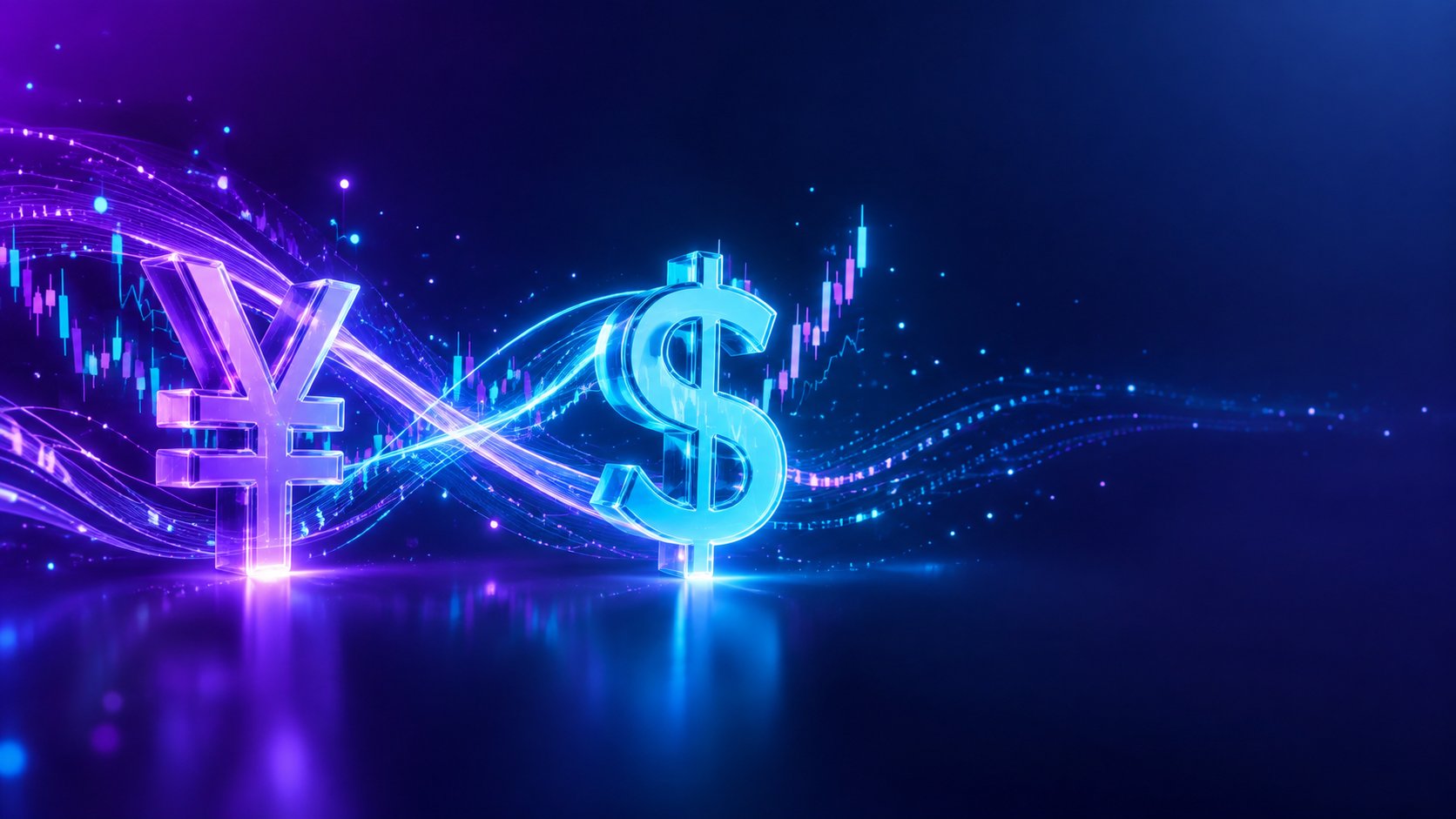 Stylized yen symbol and dollar symbol connected by glowing price lines