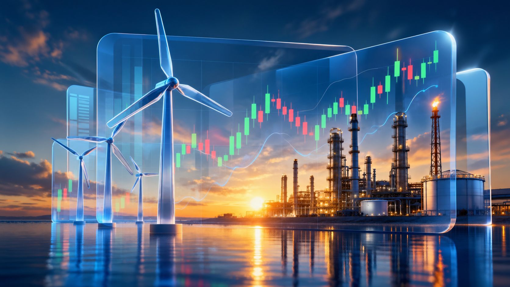 Wind turbines and oil refinery silhouettes merged with a stock chart