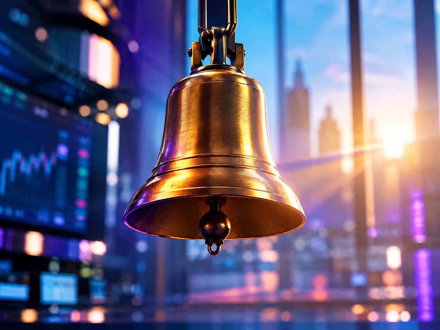 Golden bell with light rays at the moment of market open